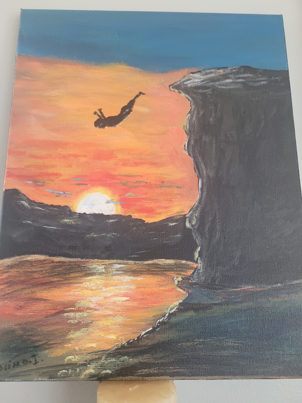 Sunset Cliff Dive Canvas Art - Orange & Blue Landscape